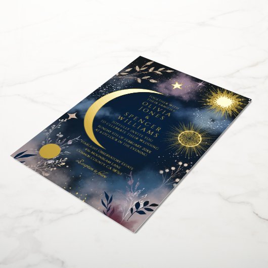 Celestial Magic Moon & Stars Wedding 箔招待状 (回転した状態)