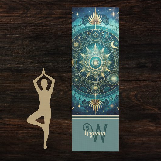 Celestial Mandala Moon Galaxy Teal Gold Monogram ヨガマット
