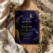 Celestial Midnight Blue Stars Moon QR Code Wedding 招待状