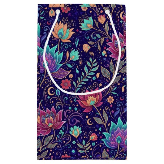 Celestial Midnight Floral Pattern with Moon スモールペーパーバッグ (裏面)