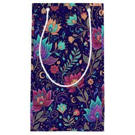 Celestial Midnight Floral Pattern with Moon スモールペーパーバッグ