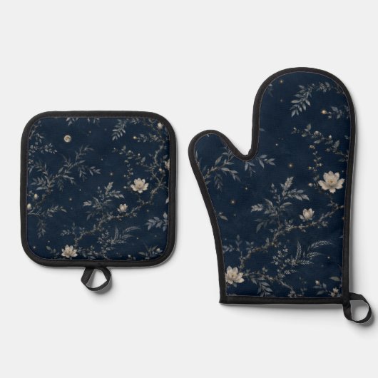 Celestial Midnight Garden Floral Navy 鍋つかみ&鍋敷きセット (正面)