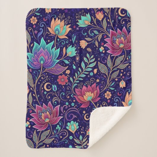 Celestial Midnight Lotus Floral Pattern Blanket シェルパブランケット (正面)