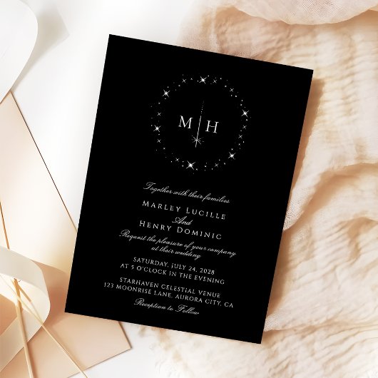 Celestial Monogram Elegant Black and White Wedding 招待状