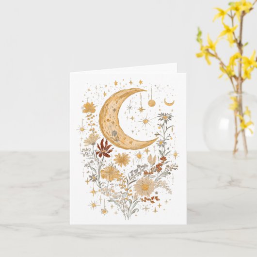 Celestial Moon and Wildflower Greeting Card – Boho カード (黄色い花)