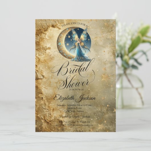 Celestial Moon Fairy Old Gold Bridal Shower 招待状 (スタンド正面)