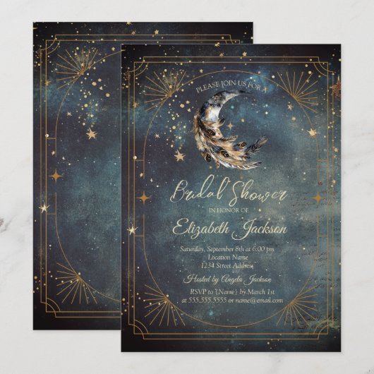 Celestial Moon Feather Frame Sky Bridal Shower 招待状 (正面/裏面)