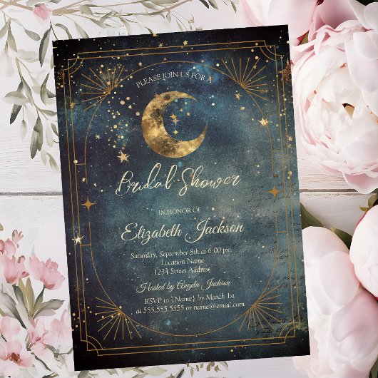Celestial Moon Frame Dark Galaxy Sky Bridal Shower 招待状