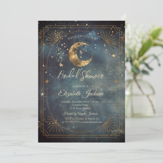 Celestial Moon Frame Dark Galaxy Sky Bridal Shower 招待状 (スタンド正面)