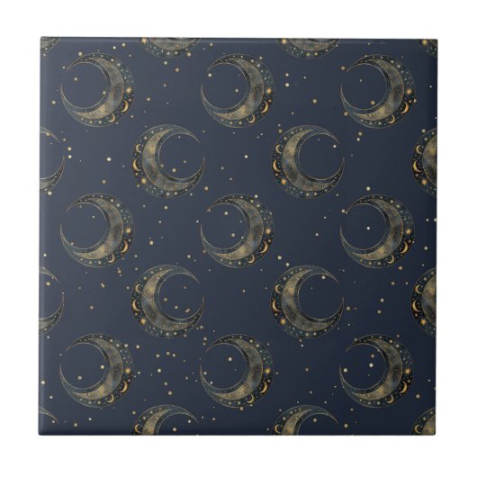 Celestial Moon Gold Starry Night Pattern (1) タイル (正面)