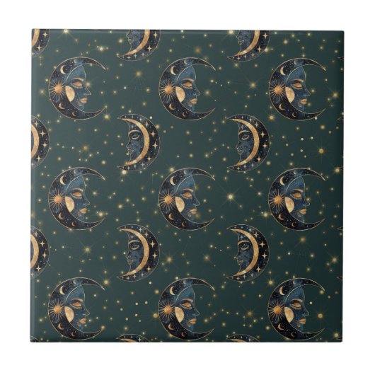 Celestial Moon Gold Starry Night Pattern (2) タイル (正面)