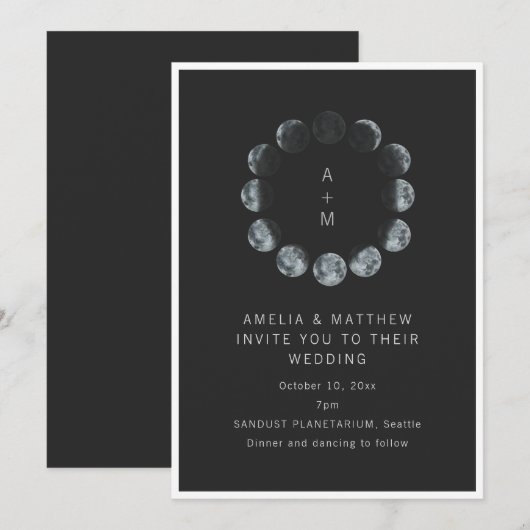 Celestial Moon Phase Black Dark Night Sky Wedding 招待状 (正面/裏面)