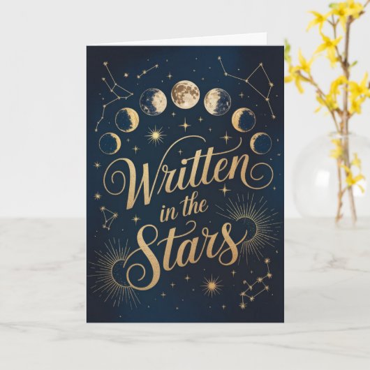 Celestial Moon Phase Gold and Navy Zodiac Birthday カード (黄色い花)