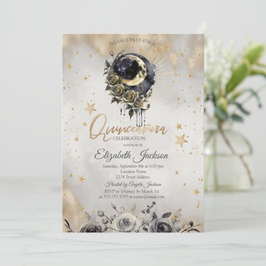Celestial  Moon Roses Stars Quinceanera  招待状 (スタンド正面)