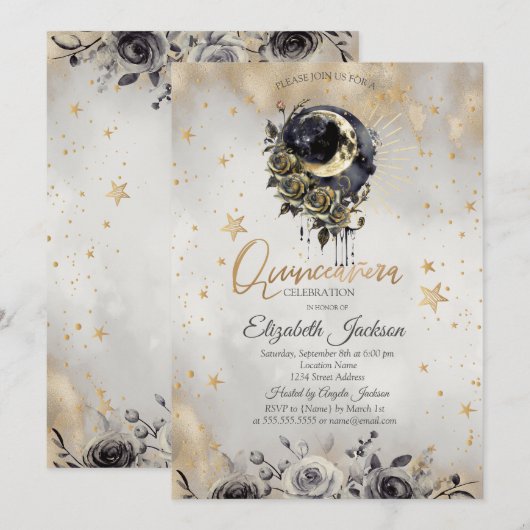 Celestial  Moon Roses Stars Quinceanera  招待状 (正面/裏面)