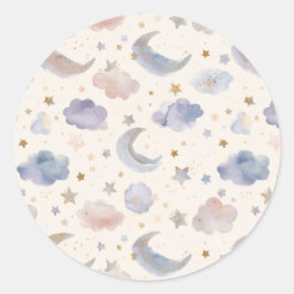Celestial Moon Stars Clouds Pastel Lavender ラウンドシール