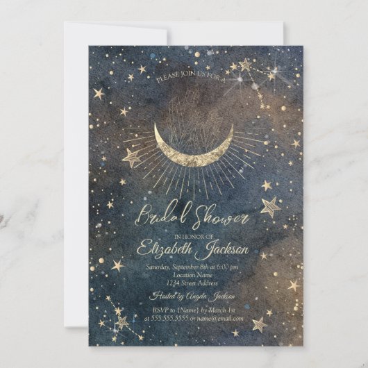 Celestial Moon,Stars Diamond Dark Bridal Shower  招待状 (正面)