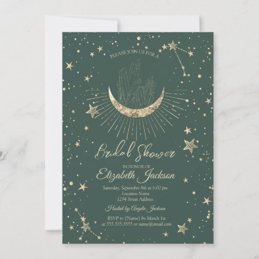 Celestial Moon,Stars Diamond Green Bridal Shower 招待状 (正面)