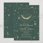 Celestial Moon,Stars Diamond Green Bridal Shower 招待状 (正面/裏面)