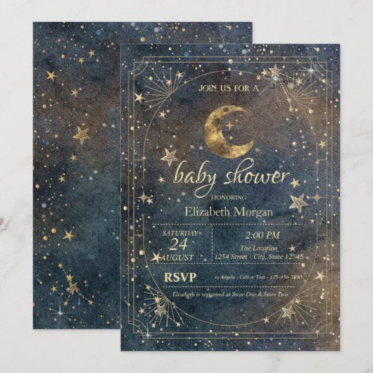 Celestial Moon Stars Frame Dark Galaxy 招待状 (正面/裏面)