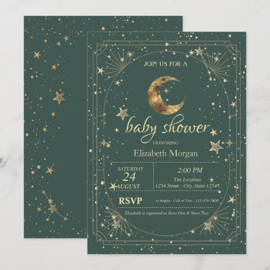 Celestial Moon Stars Frame Green 招待状 (正面/裏面)