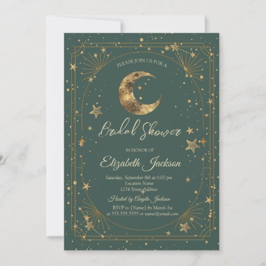 Celestial Moon Stars Frame Green Bridal Shower 招待状 (正面)