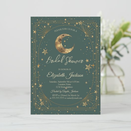Celestial Moon Stars Frame Green Bridal Shower 招待状 (スタンド正面)