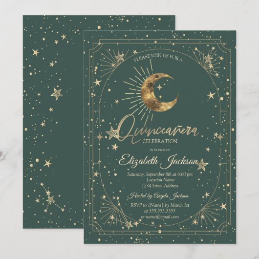 Celestial Moon Stars Frame Quinceanera 招待状 (正面/裏面)