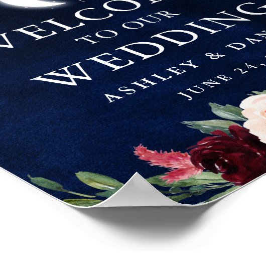 Celestial Moon Stars Lights Floral Wedding Welcome ポスター (角)