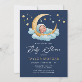 Celestial Moon & Stars Navy Boy Baby Shower 招待状