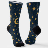Celestial Moon & Stars Pattern – Midnight ソックス (傾斜あり)