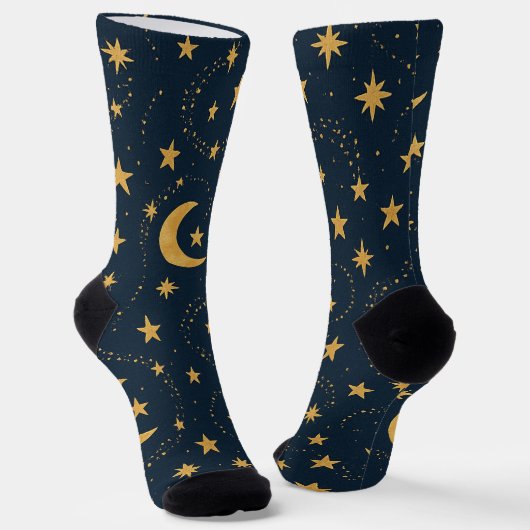 Celestial Moon & Stars Pattern – Midnight ソックス (傾斜あり)