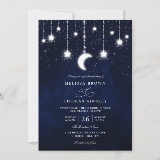 Celestial Moon Stars String Lights QR Code Wedding 招待状 (正面)
