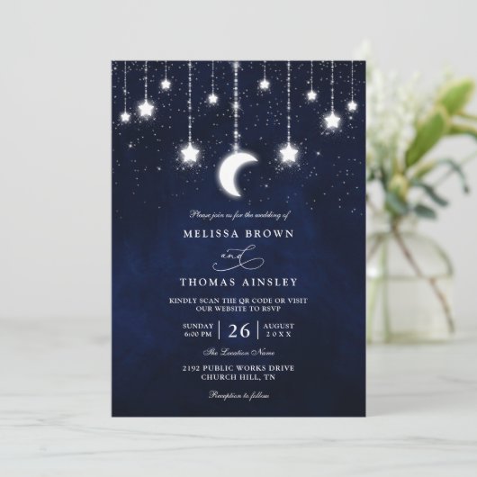 Celestial Moon Stars String Lights QR Code Wedding 招待状 (スタンド正面)