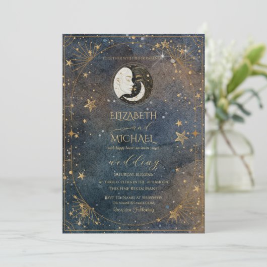 Celestial Moon Sun Frame Dark Galaxy Wedding 招待状 (スタンド正面)