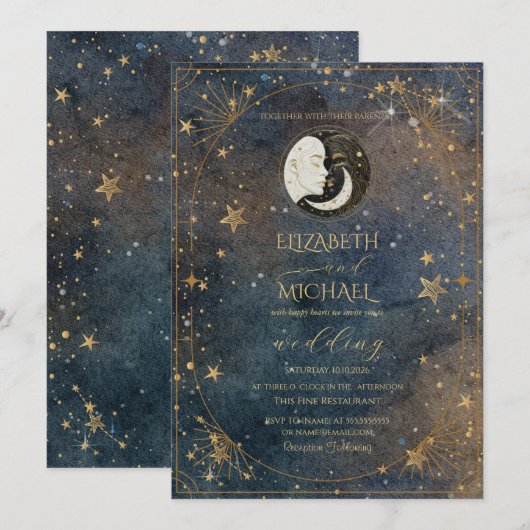 Celestial Moon Sun Frame Dark Galaxy Wedding 招待状 (正面/裏面)