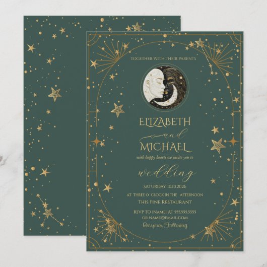Celestial Moon Sun Frame Wedding 招待状 (正面/裏面)