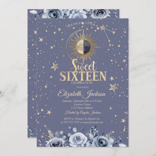 Celestial Moon Sun Moon Stars Lavander Sweet 16 招待状 (正面/裏面)