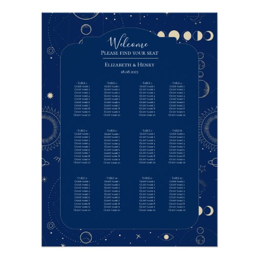Celestial moon sun stars navy wedding seating plan ポスター (正面)