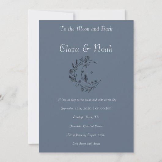 Celestial Moon Wedding Invitation Dusty Blue 招待状 (正面)
