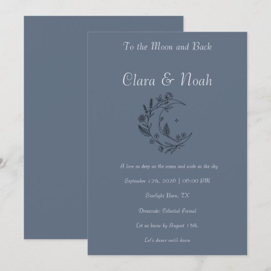 Celestial Moon Wedding Invitation Dusty Blue 招待状 (正面/裏面)
