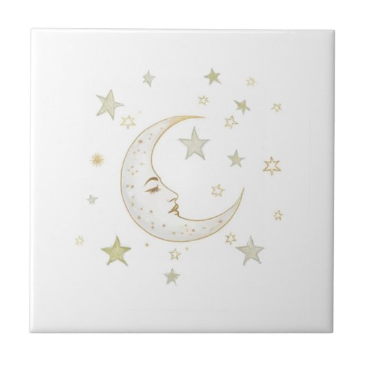 Celestial Moon with Face & Stars Gold Silver White タイル (正面)