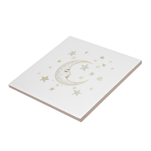 Celestial Moon with Face & Stars Gold Silver White タイル (側面)