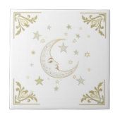 Celestial Moon with Face & Stars Gold White Delft タイル (正面)