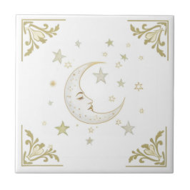 Celestial Moon with Face & Stars Gold White Delft タイル