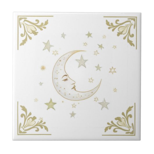 Celestial Moon with Face & Stars Gold White Delft タイル (正面)