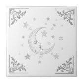 Celestial Moon with Face & Stars Silver and White タイル (正面)