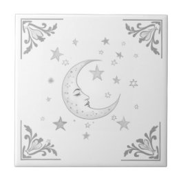 Celestial Moon with Face & Stars Silver and White タイル