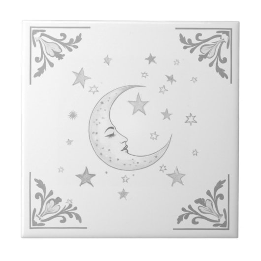 Celestial Moon with Face & Stars Silver and White タイル (正面)