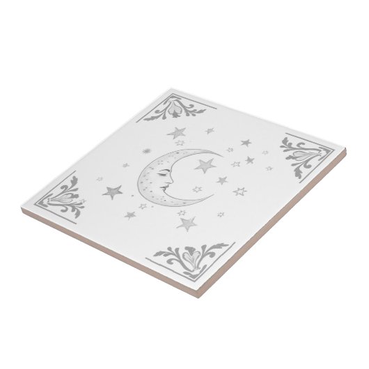 Celestial Moon with Face & Stars Silver and White タイル (側面)